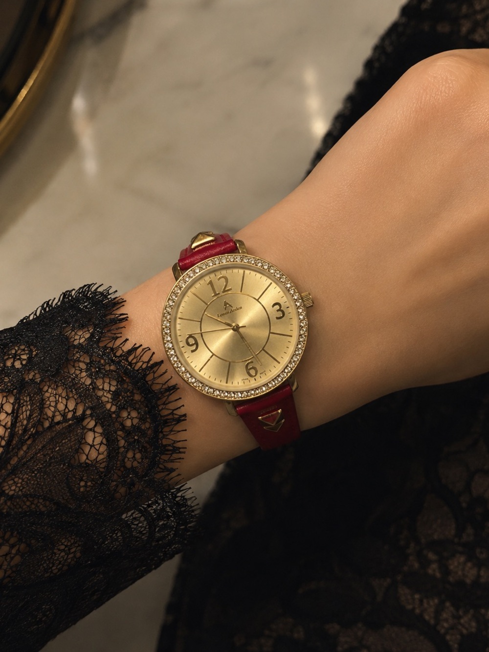 Elegant Louis Arden Gold Dial Women's Watch with Red Leather Strap